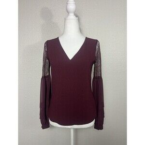 Express‎ Women’s Deep Maroon Red Long Sleeve Lace Blouse Size XXS Petites A4